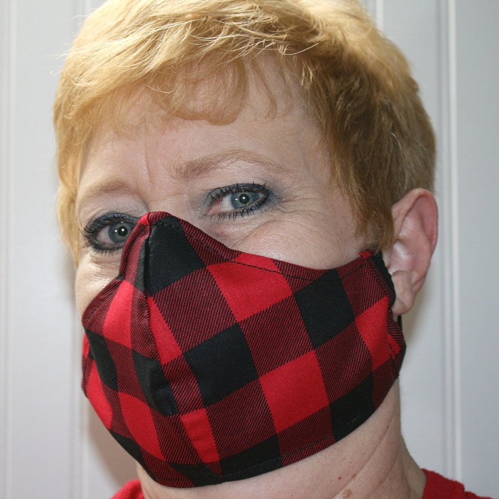 HAND CRAFTED Face Mask Plaid Red Black Buffalo Adult Cloth Fabric Print -Shield